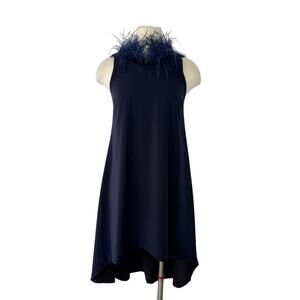 Camilyn Beth Feather Trim Crepe A-Line Shift Dress High-Low Hem Navy Blue 2